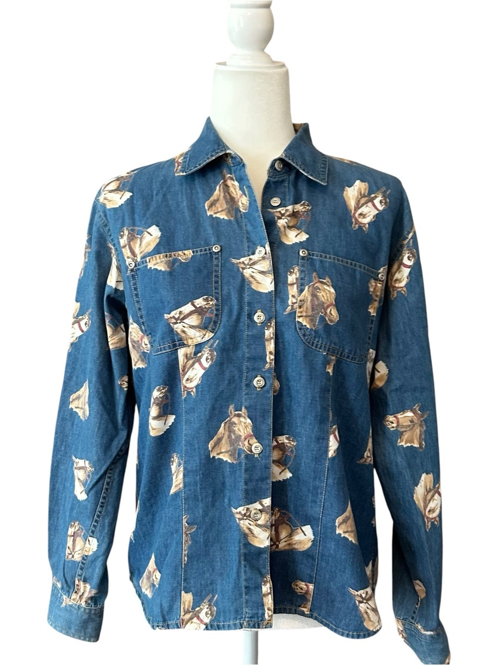 VINTAGE Liz Claiborne Denim Horse Print Western Style Shirt SZ M in Blue Brown